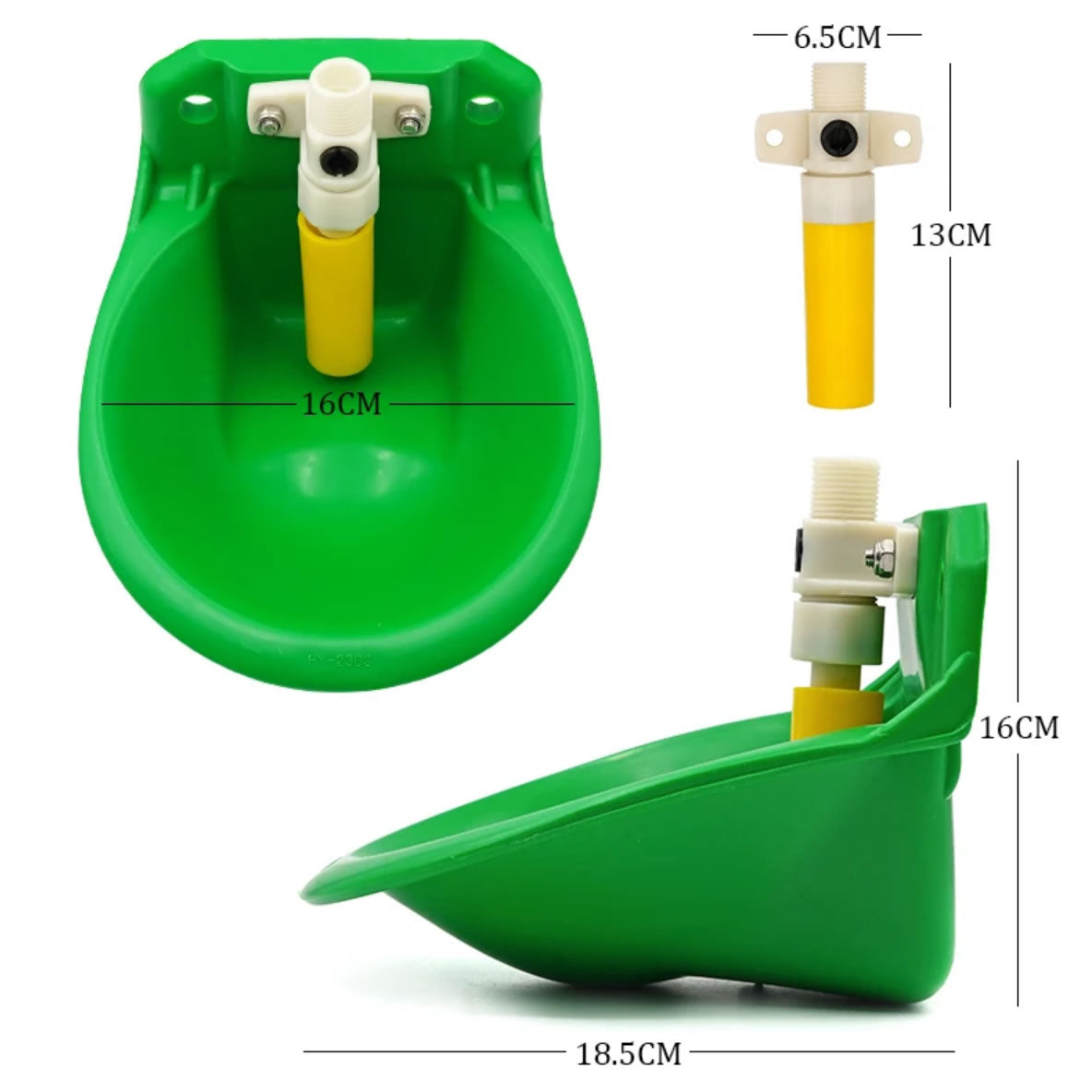 Green plastic product with measurement details on a white background
